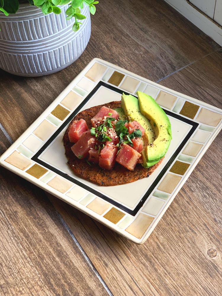 Ahi Tuna Keto Tostadas (Gluten Free, Using Cali'flour Flatbreads)