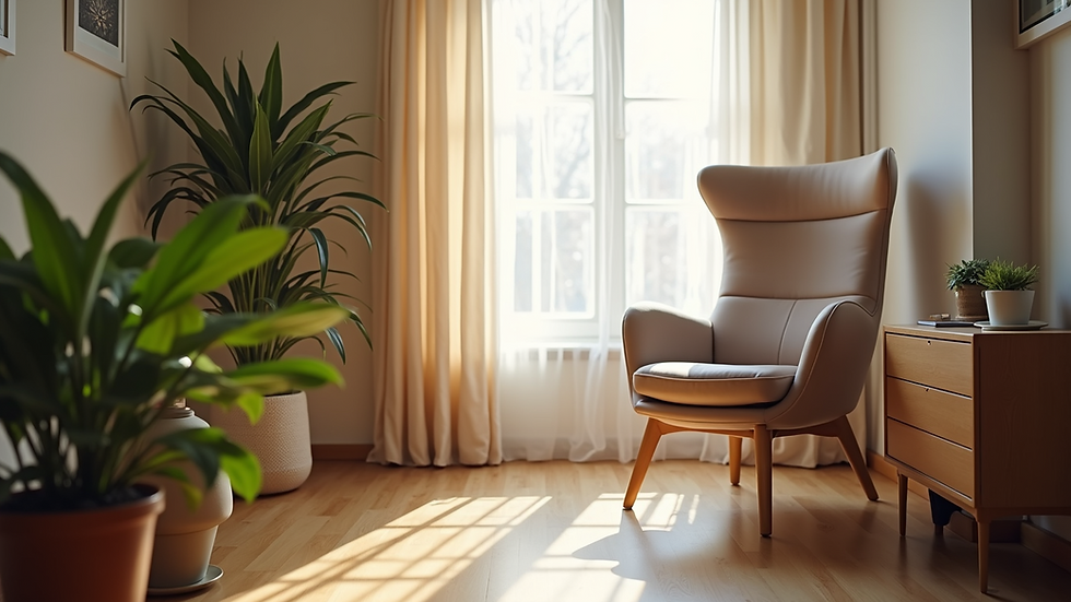 Eye-level view of a therapist’s office with a comfortable chair and soft lighting