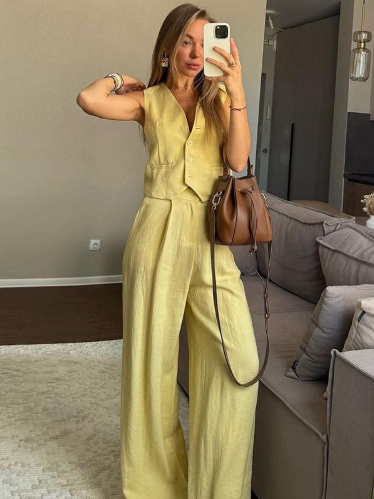 Thumbnail: Elegant Linen Vest and Wide Leg Pants Two-Piece Set