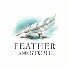 A gentle watercolour feather lies across rounded grey stones with the name "Feather and Stone" written across it
