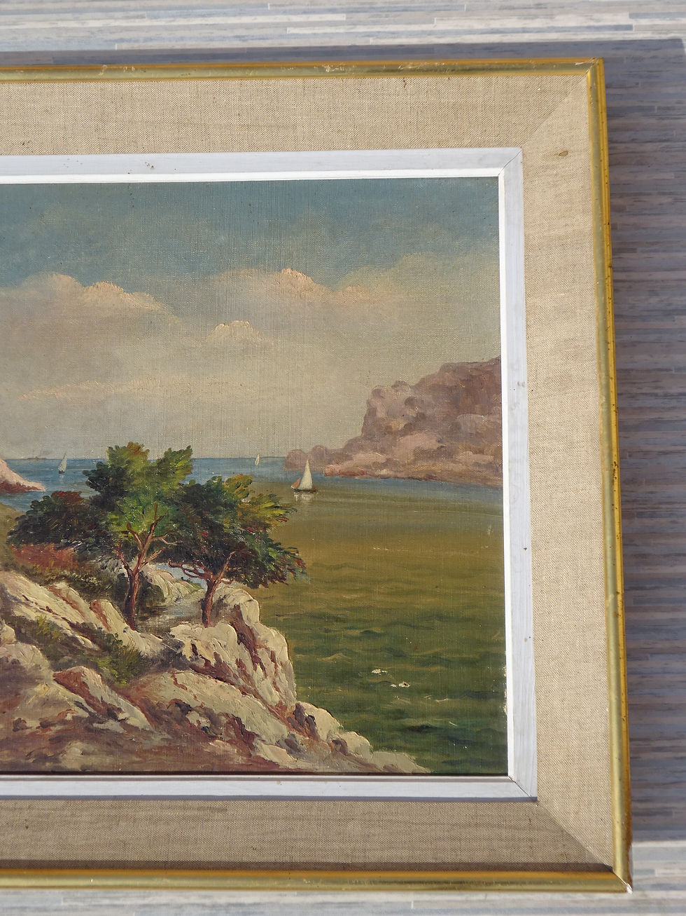 Miniature : Tableau ancien, paysage marin, chemin, pin d'Alep