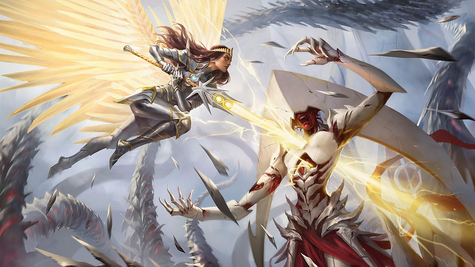 angelic warrior locked in combat with a D&D monster