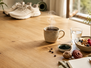 Alimentos naturales funcionales y superalimentos con una taza de café funcional humeante, al fondo unas zapatillas deportivas sugieren actividad y energía.