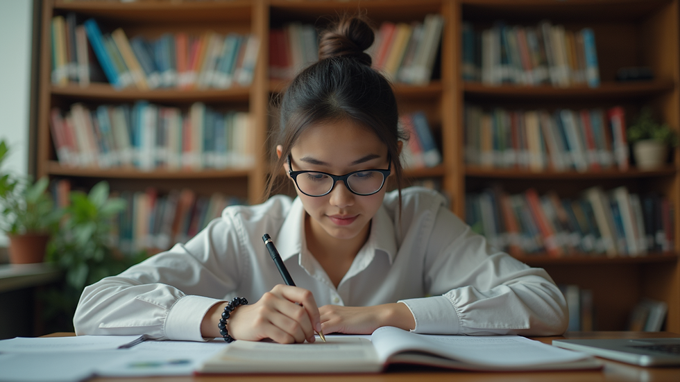 Eye-level view of a student studying with books and a laptop