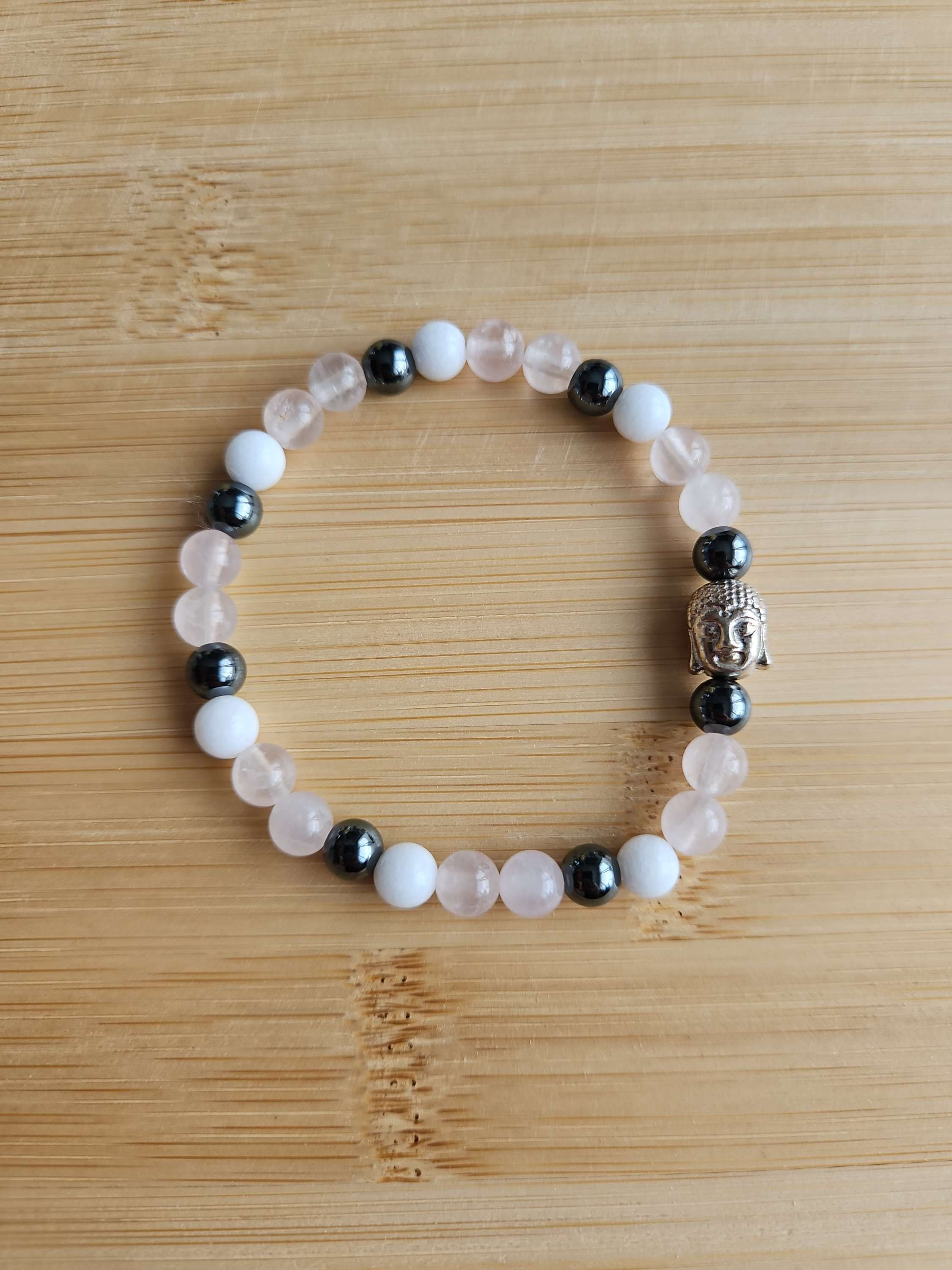 BR387 6mm Hématite, Jade Blanc et Quartz Rose / Amour