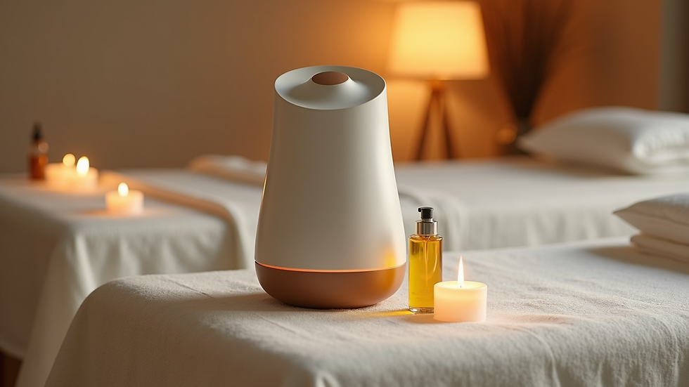 Vue en plongée d’un diffuseur de musique et d’huiles essentielles sur une table de massage