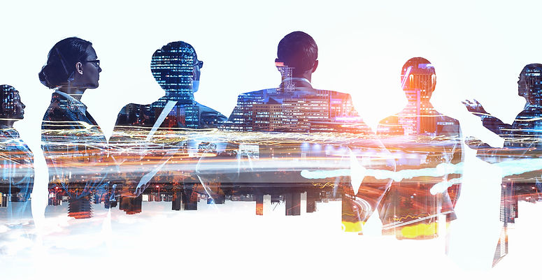 Business professionals overlapping fast moving lights and buildings