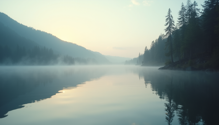 Eye-level view of a calm lake reflecting a clear sky at dawn