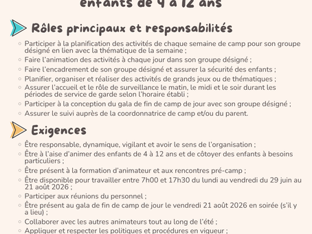 🌞 Offre d’emploi – Été 2026 | Camp de jour de St-Liboire 🌞