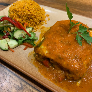 Vegetarian Moussaka served with side salad and rice