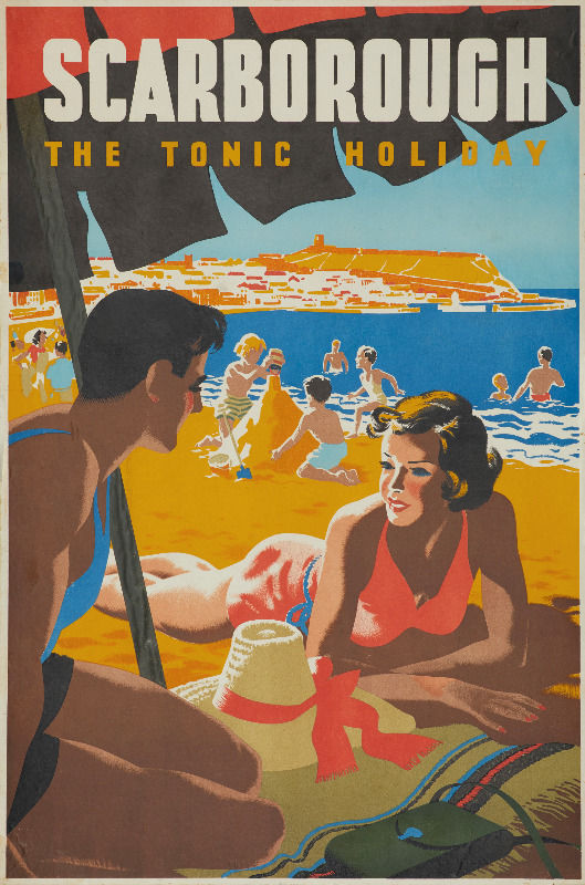 vintage railway poster for scarborough holiday, people on beach in sunshine enjoying the summer