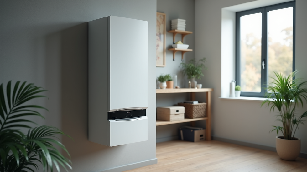 Eye-level view of a wall-mounted modern gas boiler in a utility room