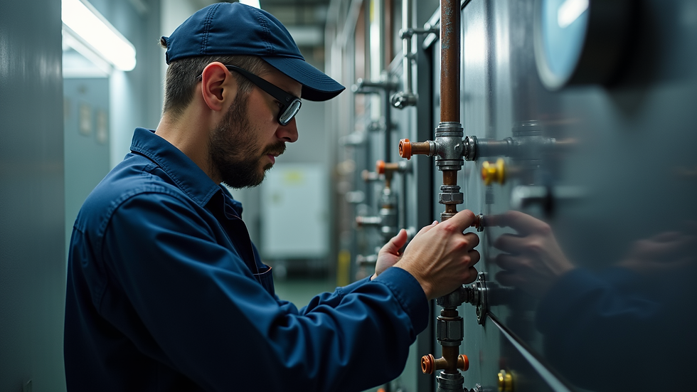 Eye-level view of a heating engineer inspecting a boiler system
