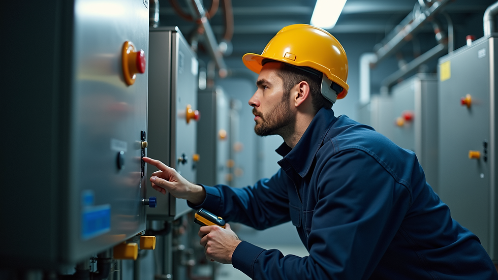 Eye-level view of a heating engineer inspecting a boiler system