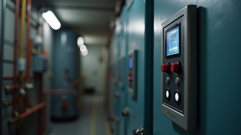 Eye-level view of a heating system control panel in a residential boiler room