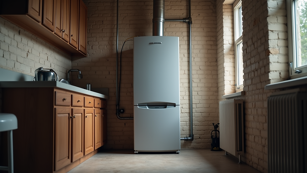 Eye-level view of a heating system boiler installed in a residential utility room