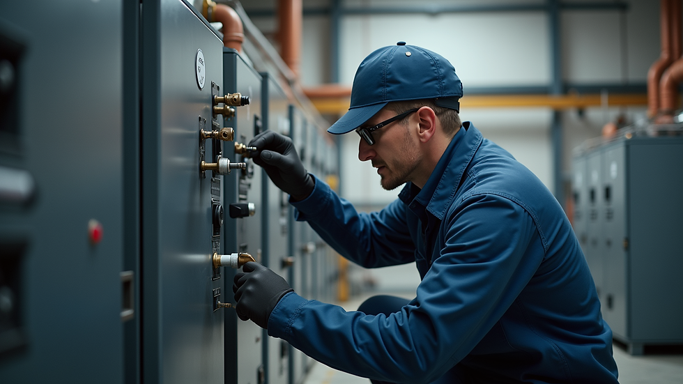 Close-up view of a heating engineer inspecting a boiler system