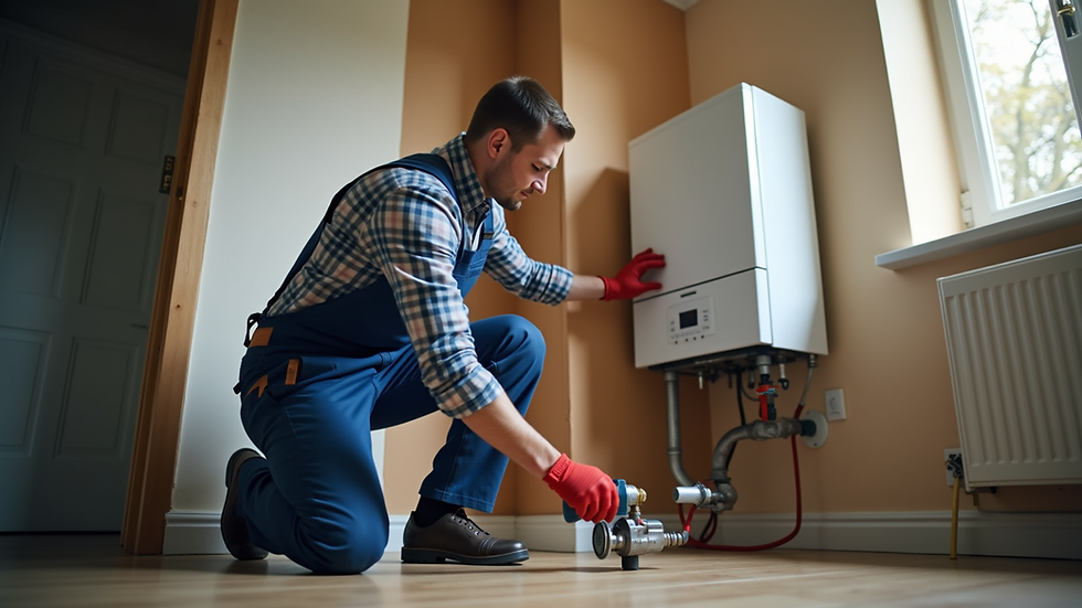 Eye-level view of a plumber installing a boiler in a residential property
