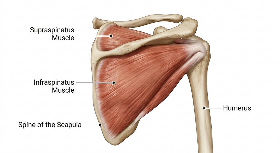 A medical illustration of the right shoulder blade (scapula) from a posterior view, with clear labels for the supraspinatus muscle, infraspinatus muscle, spine of the scapula, and humerus to explain rotator cuff anatomy.