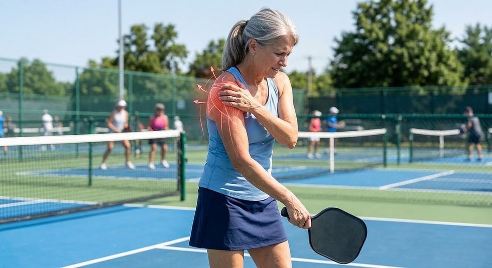 An active female pickleball player clutching her right shoulder in pain on an outdoor court, with a red graphic overlay illustrating rotator cuff muscle strain and referred shoulder pain treated by clinical massage therapy.