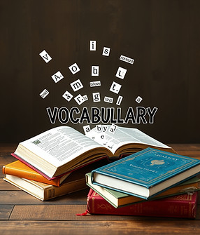 Design an image for title _VOCABULARY__with words coming out from a book & a few more book