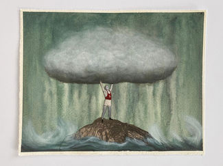 Collage på papir: Person holder regnsky over stormfuldt hav.