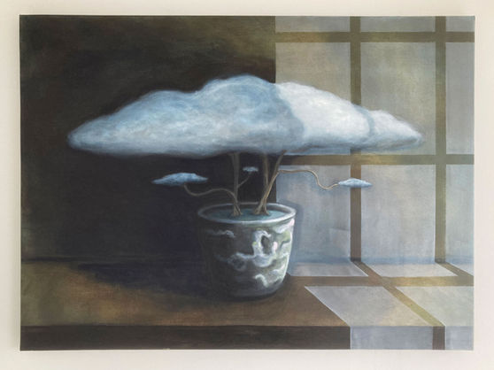 Surrealistisk maleri på lærred: en sky-plante i urtepotte på et bord i et mørkt rum med lysindfald fra et vindue.