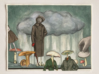 Surreel collage af figurer med svampehoveder under en regnsky