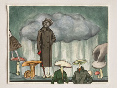Surreel collage af figurer med svampehoveder under en regnsky