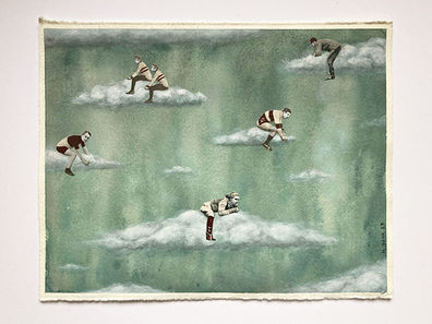 Collage på papir med figurer der ridder på skyer.