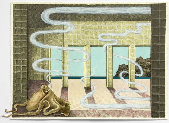 Surrealistisk collage der forestiller et rum. Man står indenfor og kigger ud på en søjlerække der åbner op mod havet og en klippe. I rummet er der en blæksprutte der damper røg.