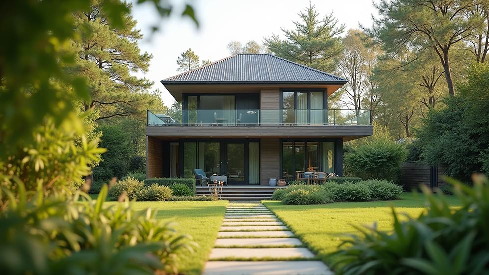 Eye-level view of a modern house with a well-maintained garden