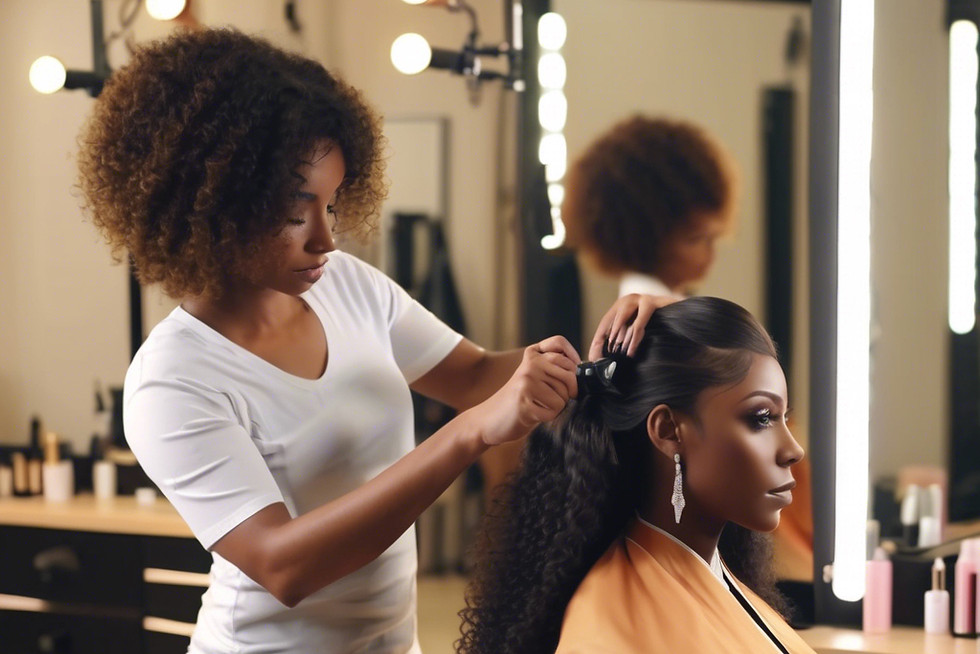 beautiful salon cosmetologist doing a black model woman's hair in vanity mirror and stylis