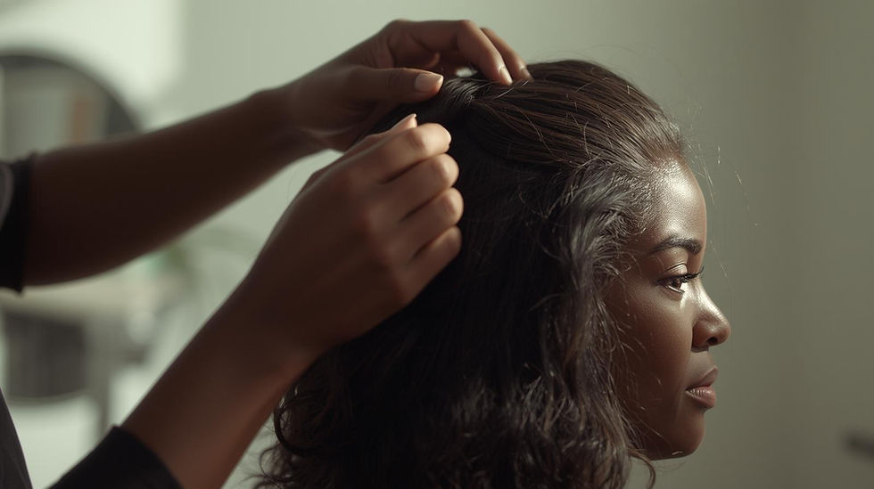 Cinematic close-up shot of black woman hairstylist’s hands installing a wig soft baby hair