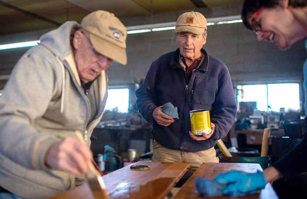 JEFFERSON COUNTY, CO - FEBRUARY 12: Tom Francis (R) and Louis Graiff (L) stain wood inside a maintenance shed at the Mother Cabrini Shrine on February 12, 2020, in Jefferson County, Colorado. (Photo by Daniel Petty/Denver Catholic)