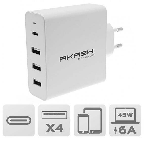 Secteur intelligent 6A USB-C 45W et 3 USB