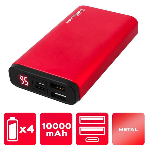 Power Bank 2 USB 10000 mAh - Charge rapide - Aluminium Rouge