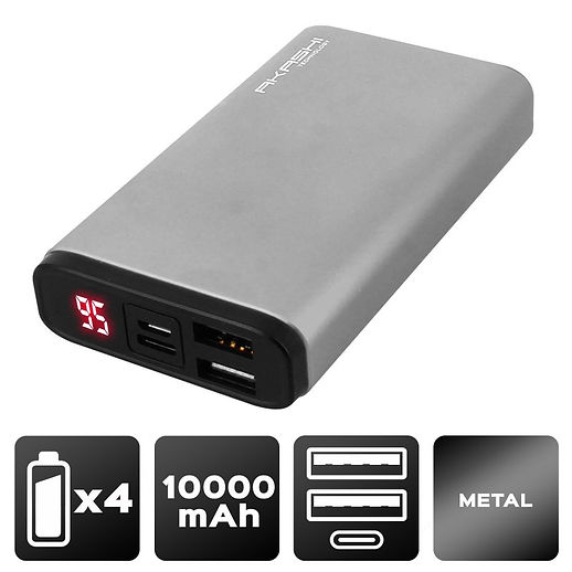 Power Bank 2 USB 10000 mAh - Charge rapide - Aluminium Gris métal