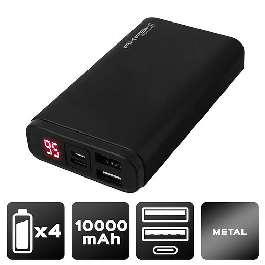 Power Bank 2 USB 10000 mAh - Charge rapide - Aluminium Noir