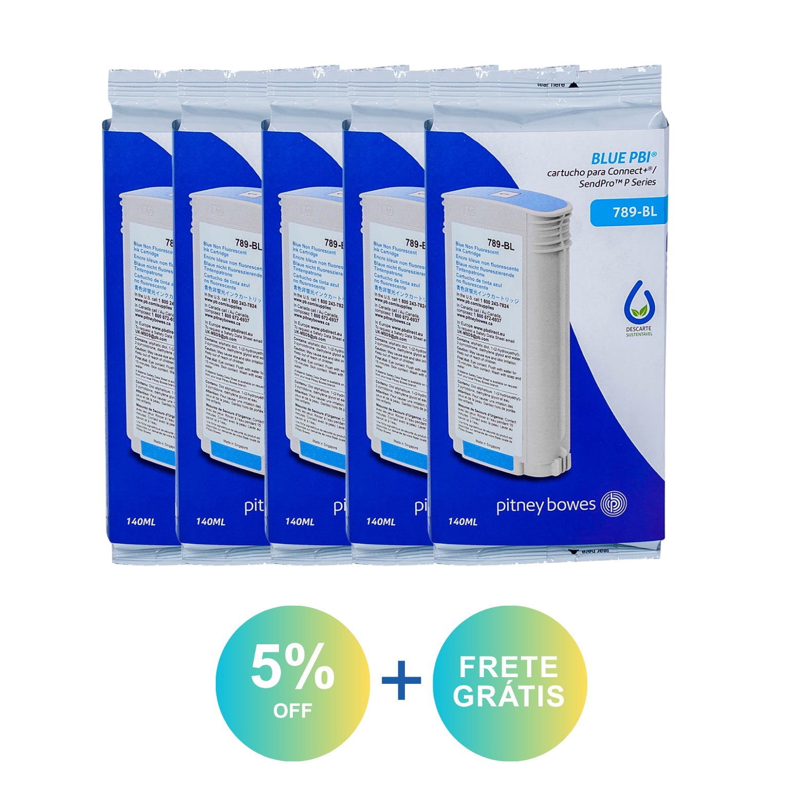 Combo 5 cartuchos azul connect+ 1000/3000 + 5% DESCONTO + FRETE GRÁTIS