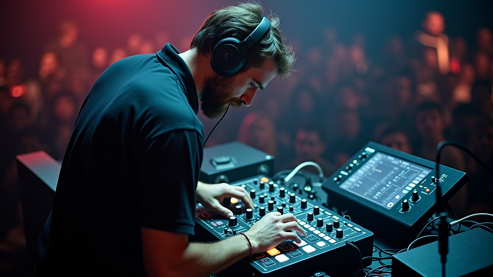 High angle view of a sound technician adjusting audio equipment at an event