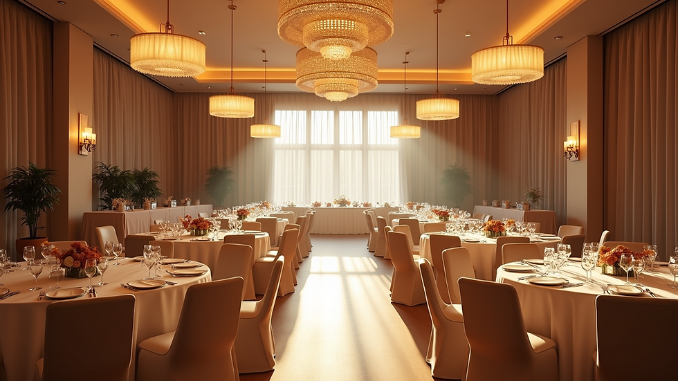 Eye-level view of a decorated event hall with tables and chairs arranged for guests
