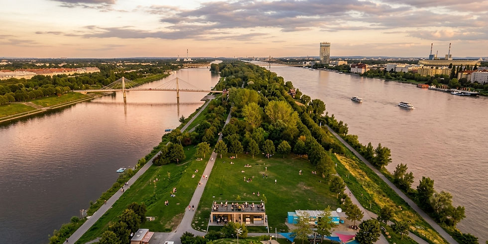 Luftaufnahme der Wiener Donauinsel bei Sonnenuntergang zwischen Donau und Neuer Donau mit Grünflächen und Brücke