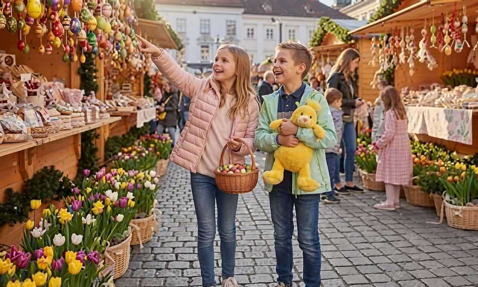 Zwei Kinder schlendern lachend über einen Ostermarkt, umgeben von bunten Ostereiern, Tulpen und Holzständen"