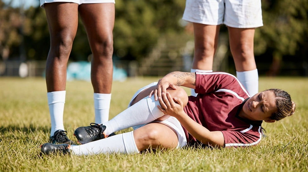 Sportlerin liegt auf einem Rasenplatz und hält sich schmerzhaft das Knie, während zwei Mitspielerinnen daneben stehen. Typische Sportszene, nach der oft Physiotherapie / Sportphysiotherapie zur Rehabilitation und Rückkehr ins Training verordnet wird.