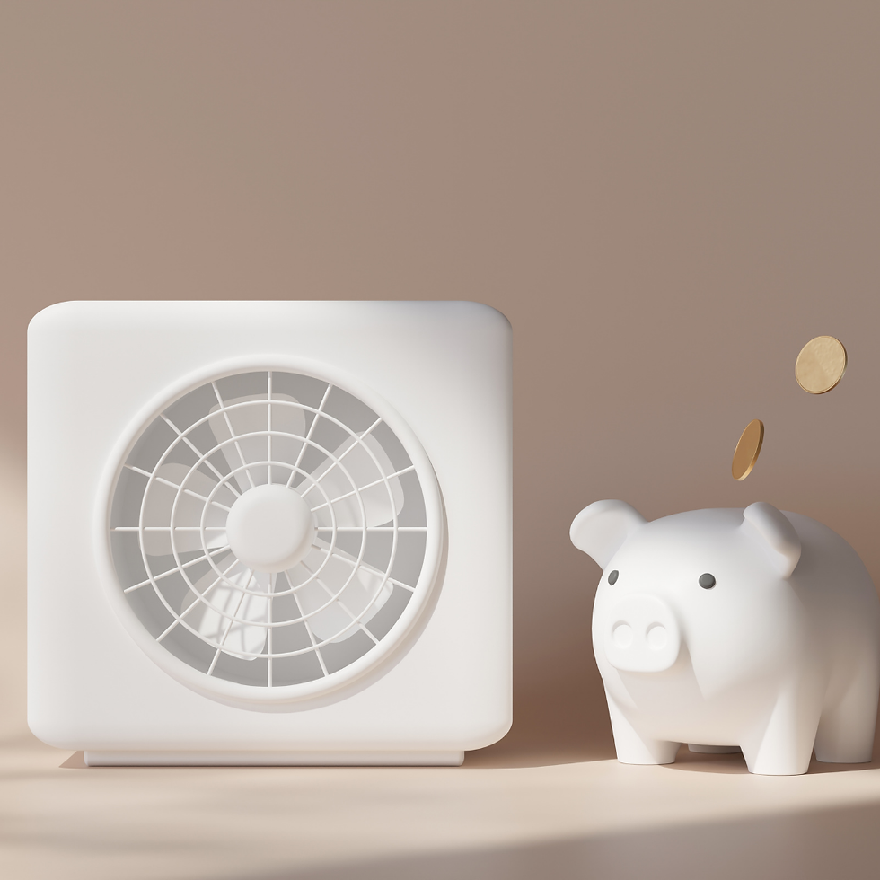 Stilisierte 3D-Illustration einer Wärmepumpe neben einem Sparschwein mit fallenden Münzen – Symbol für Energiekosteneinsparung