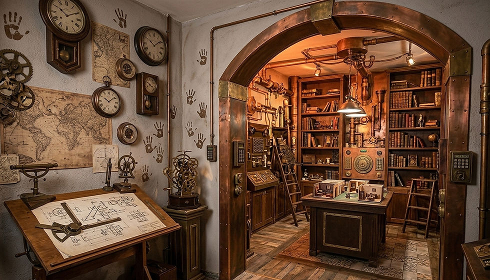 Escape-Room mit Uhren, Weltkarte, Zahnrädern und warmem Licht durch einen Backsteinbogen
