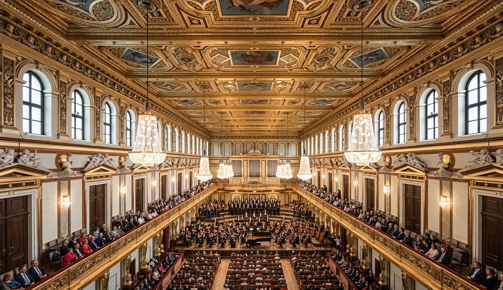 Vollbesetzter Goldener Saal des Wiener Musikvereins während eines Konzerts mit Orchester und Chor