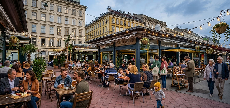 Belebte Schanigarten-Terrasse am Wiener Naschmarkt mit Gästen bei Dämmerung und Lichterketten