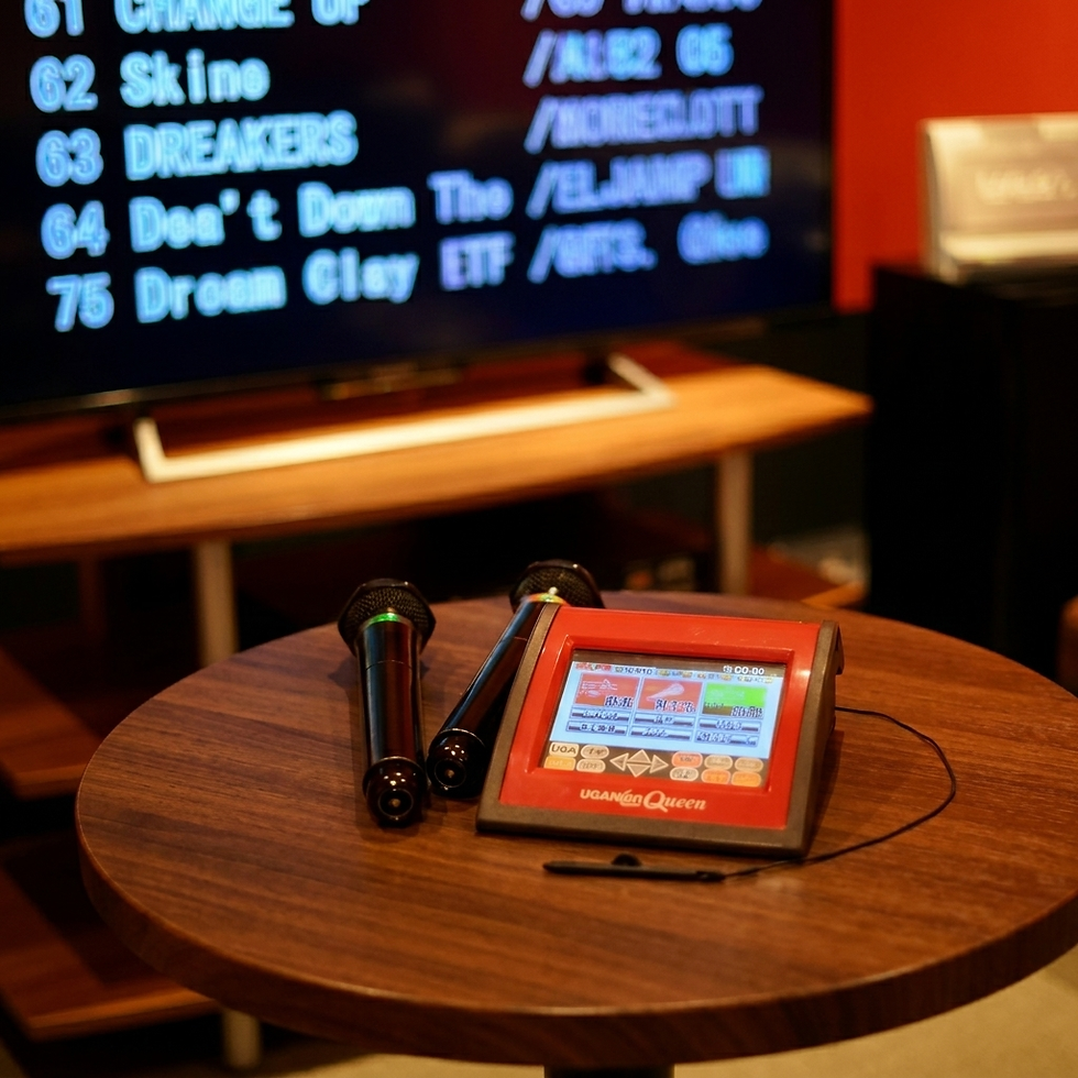 Zwei Funkmikrofone und ein Karaoke-Steuertablet auf einem runden Tisch, im Hintergrund ein Bildschirm mit Songliste – Karaoke in Wien